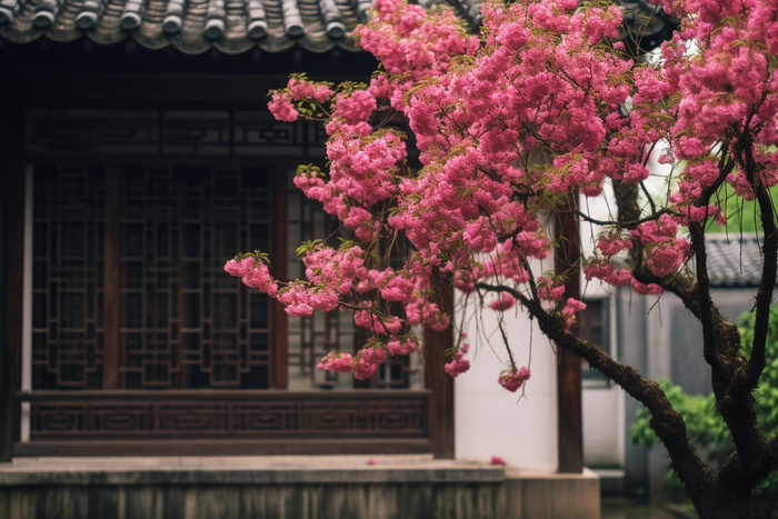 庭院门口的树开的红花摄影图