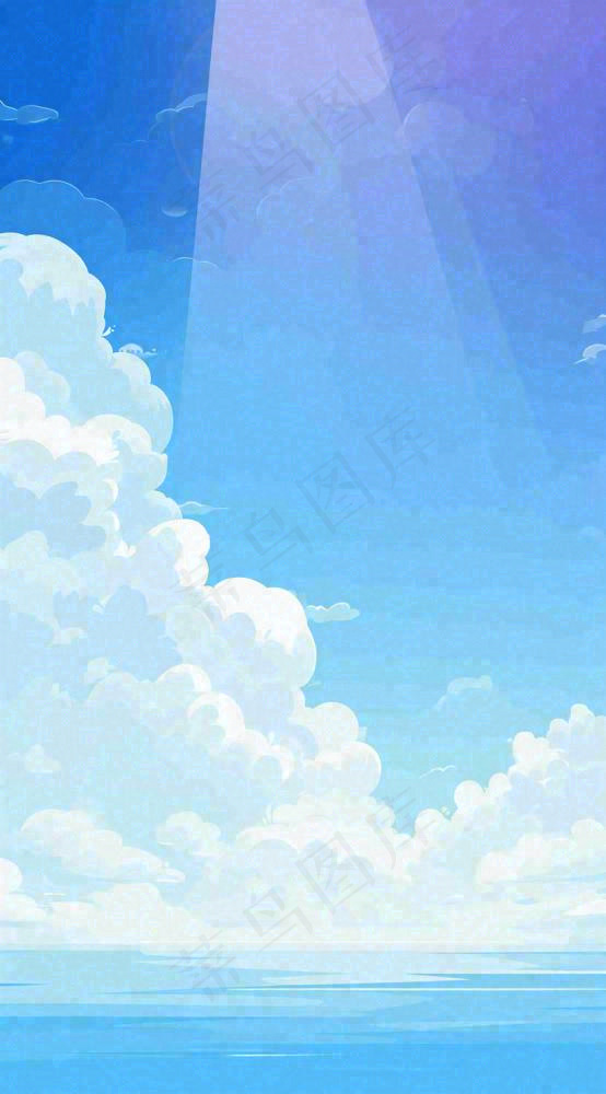 粉蓝渐变天空白云简约温馨，阳光海面海洋扁平插画