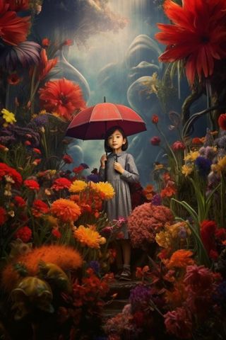 雨天女孩花海背景