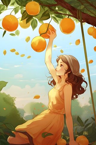 丰收可爱女孩水果金黄色插画背景