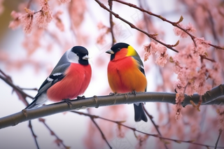 站在枝头上的小鸟成双成对粉色摄影图