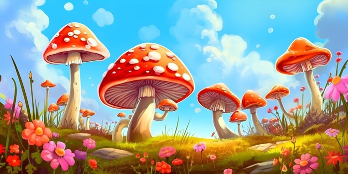 春天草丛蘑菇森林手绘插画海报素材背景(6144x3072)