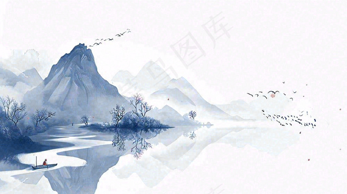 山水画简约白色河面插画手绘，中国风古风(1456x816)