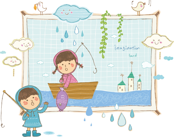 卡通小女孩下雨钓鱼素材ai矢量模版下载