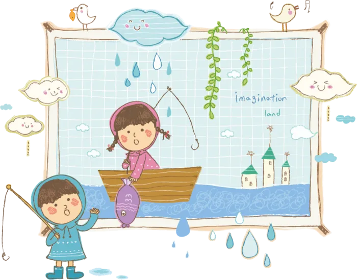 卡通小女孩下雨钓鱼素材ai矢量模版下载