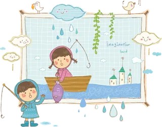 卡通小女孩下雨钓鱼素材