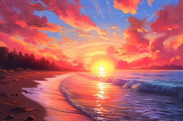 夕阳西下日落多云的天空洋溢着青春活力的风插画背景(4080x2688)