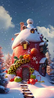 冬天苹果红色雪屋雪地雪花，圣诞节可爱卡通