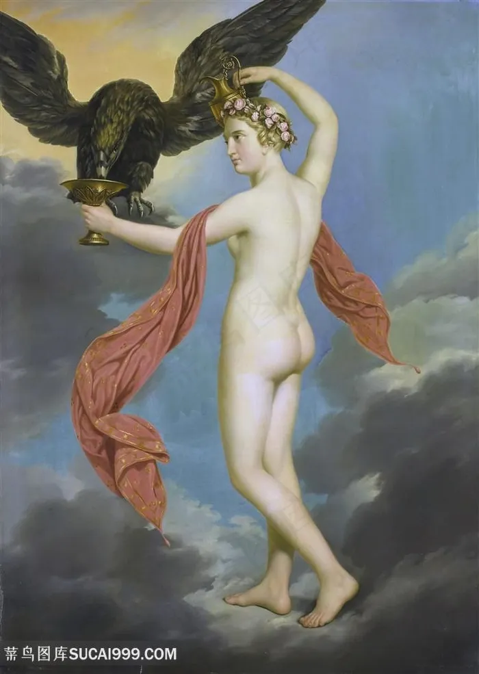 著名*油画-喂鹰的欧美裸体美女图片素材