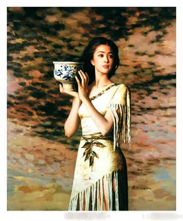 端着青花瓷的美女插画