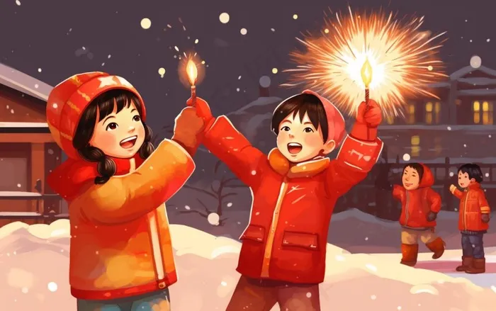 新年除夕夜烟花爆竹儿童玩乐喜庆卡通插画背景(1376x864)