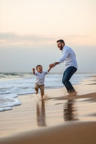 父子海边沙滩玩耍图