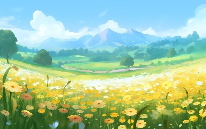 蓝天白云草坪草原人物黄色花朵手绘插画海报素材背景