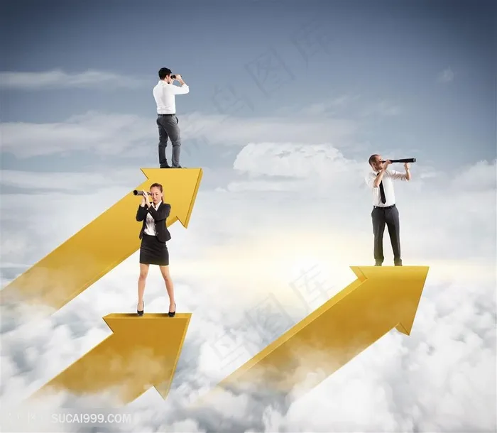 站立在云端金色箭头上的商务人士高清图片