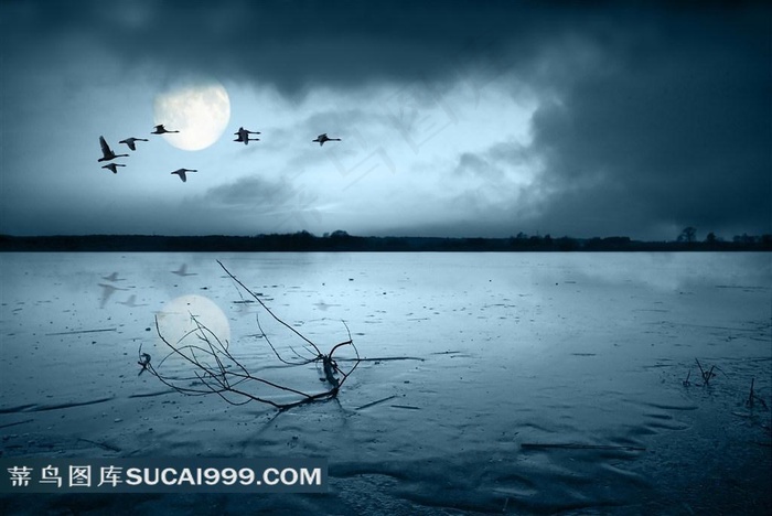 湖面月亮天空素材图片下载