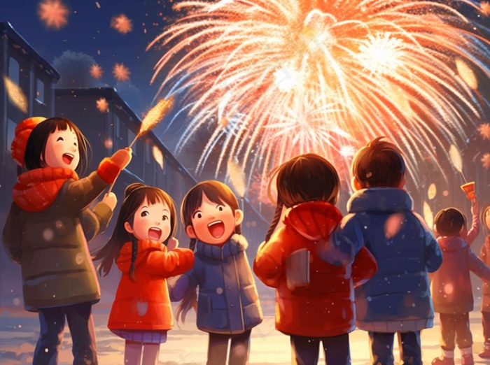 新年除夕放烟花爆竹的孩童庆祝新年喜庆卡通插画背景(1264x944)