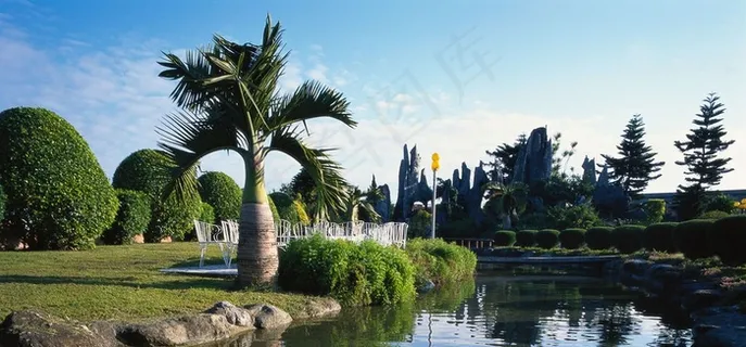 蓝天下河流边草地上的园艺 蓝天下河流边草地上的园艺