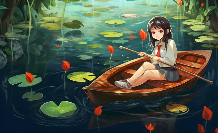 在湖中划船的女孩睡莲绿叶插画海报背景(5632x3456)