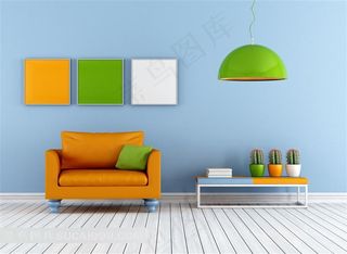 画框吊灯与沙发仙人球家居摄影高清图片