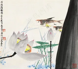 高清水墨莲花唯美游鱼装饰画插画国画图片