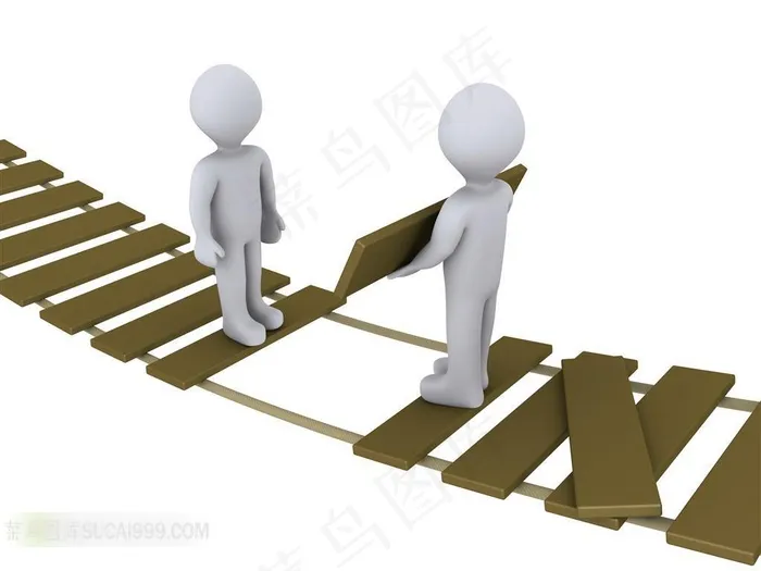 铺设桥板的俩立体小人创意设计高清图片