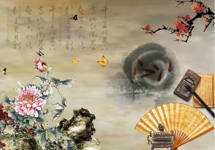 烟雨江南水乡国画  国画 牡丹 蝴蝶 梅花 psd模版下载