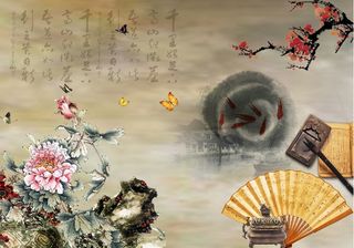 烟雨江南水乡国画  国画 牡丹 蝴蝶 梅花 