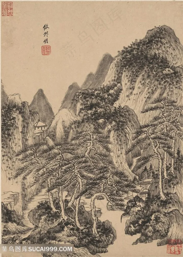 明代画家王鉴仿叔明仿古山水图国画图片