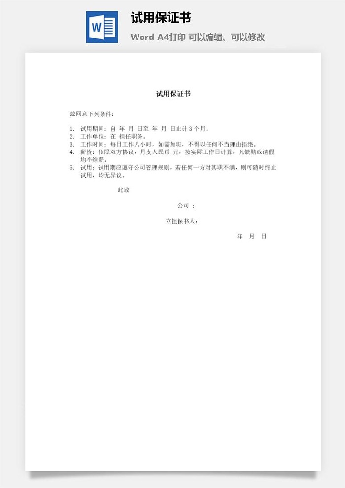 试用保证书word模板