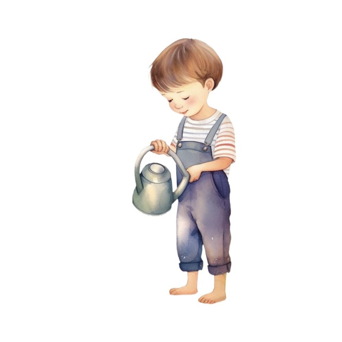 小男孩拿着水壶水桶浇水绿植草人物插画免抠