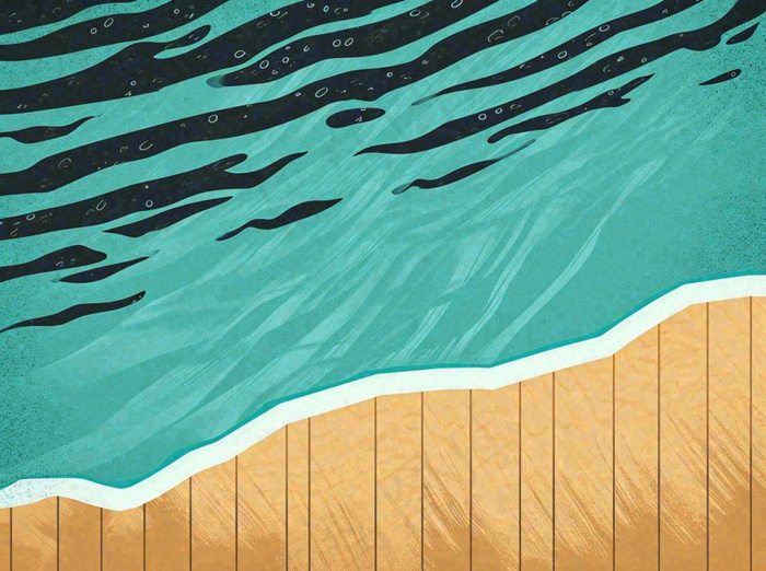 海边清爽扁平条纹插画手绘，海浪夏日(1264x944)