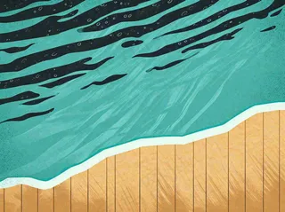 海边清爽扁平条纹插画手绘，海浪夏日