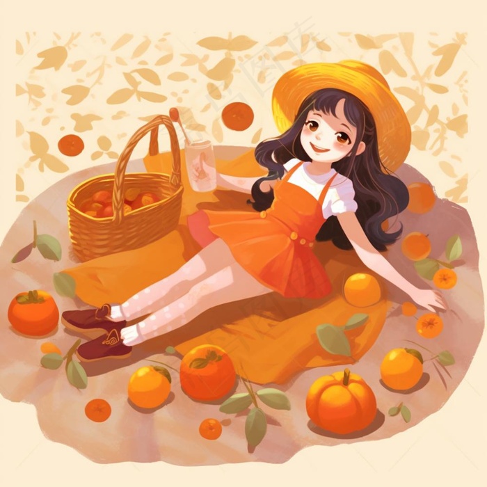 野餐垫上的女孩水果玩耍开心橙色插画素材背景