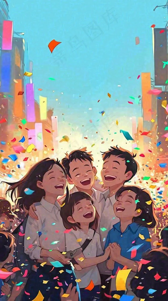 青年狂欢庆祝活动手绘插画，彩带街道(816x1456)