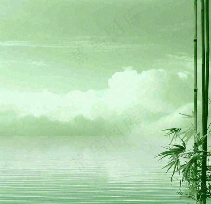 中国风绿色唯美已经云海河湖竹子，水面倒影