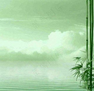 中国风绿色唯美已经云海河湖竹子，水面倒影