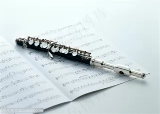 乐器-笛子放在展开的乐谱上