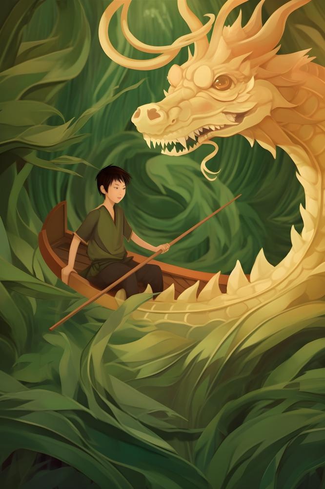水上划船龙舟水草卡通插画背景(2688x4032)