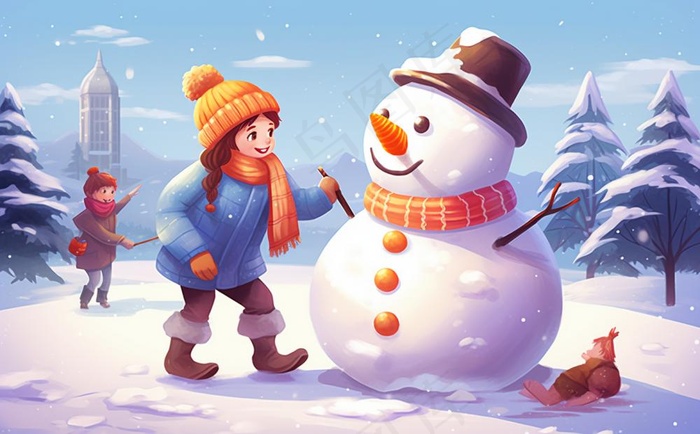冬季下雪堆雪人孩子们儿童卡通插画背景(1392x864)