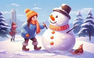 冬季下雪堆雪人孩子们儿童卡通插画背景
