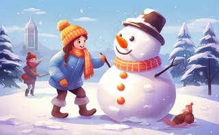 冬季下雪堆雪人孩子们儿童卡通插画背景