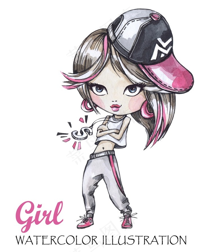 手绘时尚戴帽子的女孩高清图片