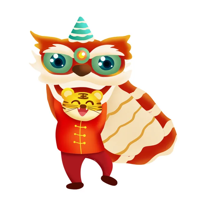 新年春节虎年元宵手绘人物舞狮卡通狮子头插画元素PSD设计素材psd模版下载