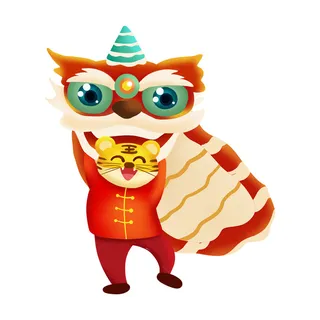 新年春节虎年元宵手绘人物舞狮卡通狮子头插画元素PSD设计素材