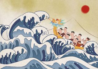 国潮风中国传统节日端午节赛龙舟粽子场景插画海报PSD设计素材