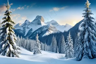 冬季雪山森林雾凇朝阳摄影图