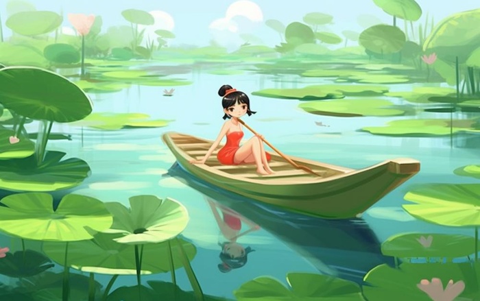 湖泊划船睡莲风光插画背景(1376x864)