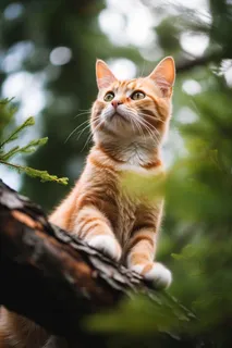 橘猫田园猫爬在树干上玩耍摄影图