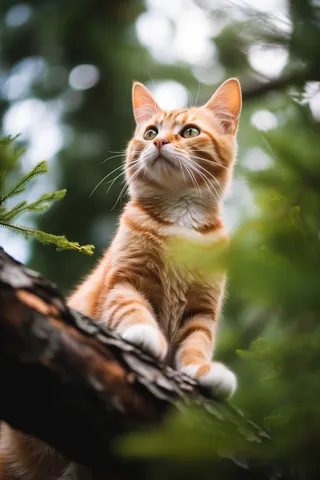 橘猫田园猫爬在树干上玩耍摄影图