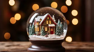 圣诞水晶球圣诞树小木屋摄影图